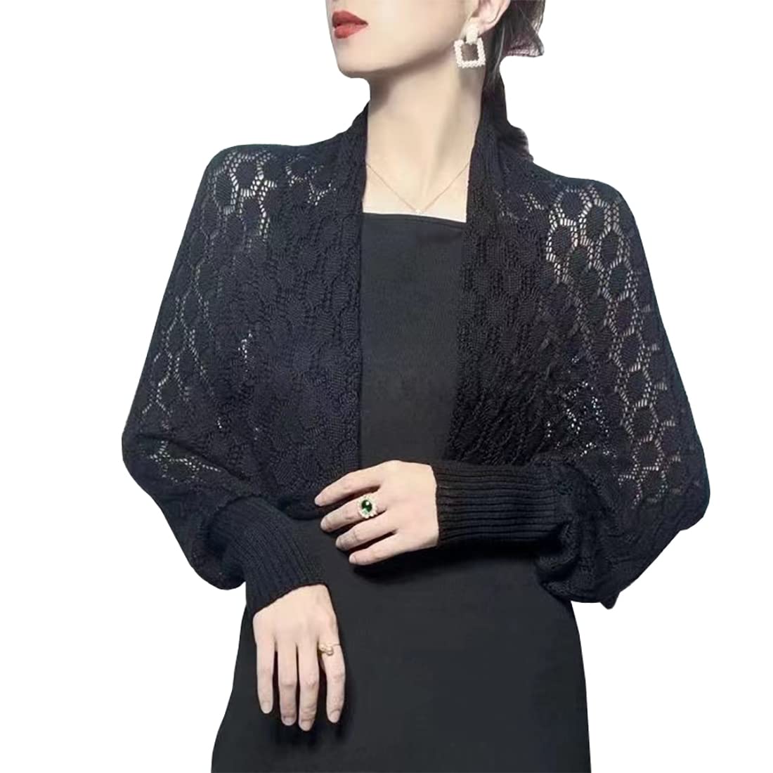 stylesilove Women Lightweight Crochet Hollow Bolero Shrug Long Sleeve Cardigan Soft Sweater Open Front Cape Shawl