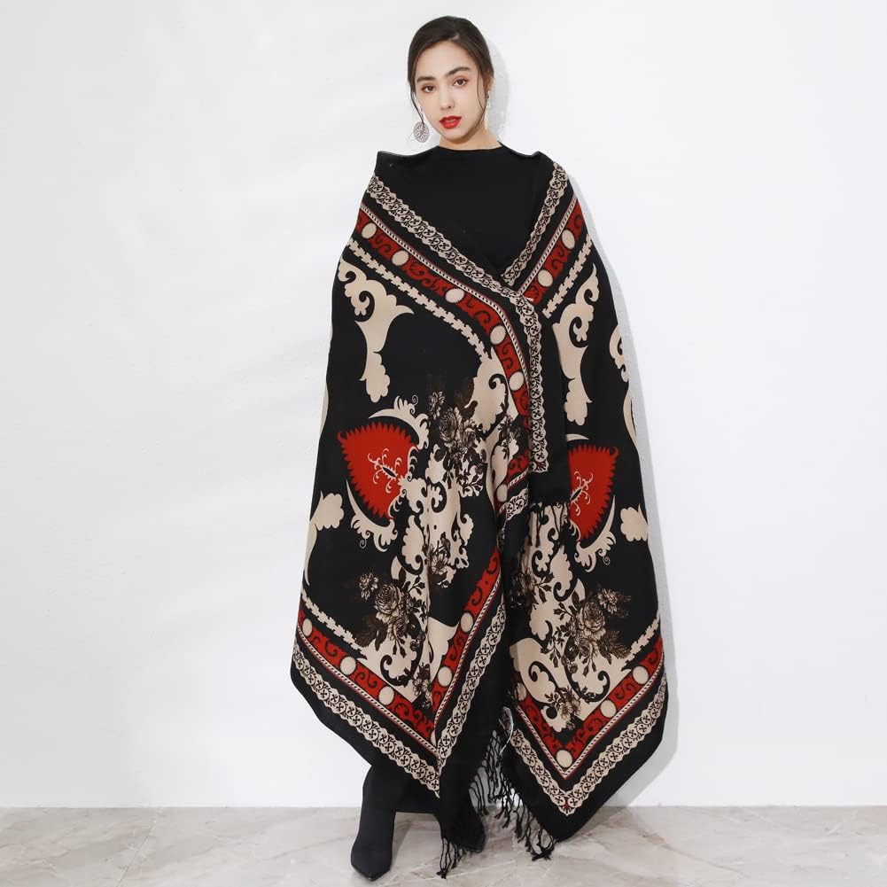 DANA XU 100% Merino Wool Pashmina Shawl for Women 96"x43", Oversized Cashmere Wrap with Tassels, Floral Travel Blanket Cape - Image 7