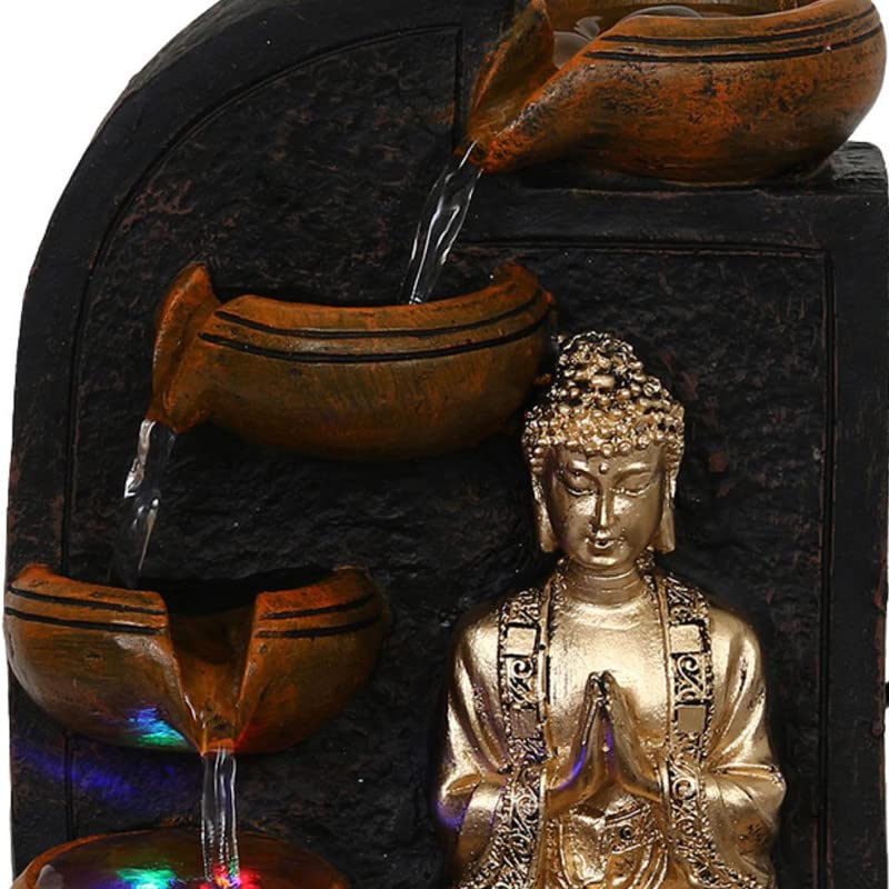 Image of Polyresin Golden Brown Namaskara Mudra Buddha Indoor Table Top Home Decor 3 Steps Water Fountain with Multicolour LED & Speed Controller Pump (Size: 25 x 21 x 18.5CM |Weight: 1170grm)