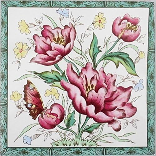 Victorian Peony Tile Peony and Butterflies Decorative Tile Hand Decorate in The UK Free UK Delivery