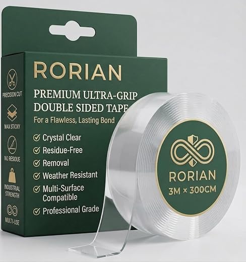 Rorian Double Sided Tape Heavy Duty, 3 Meter Clear Mounting Tape, Removable Multipurpose Nano Gel Tape for Walls, Home, an...
