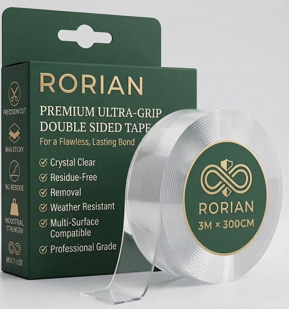 Rorian Double Sided Tape Heavy Duty, 3 Meter Clear Mounting Tape, Removable Multipurpose Nano Gel Tape for Walls, Home, an...