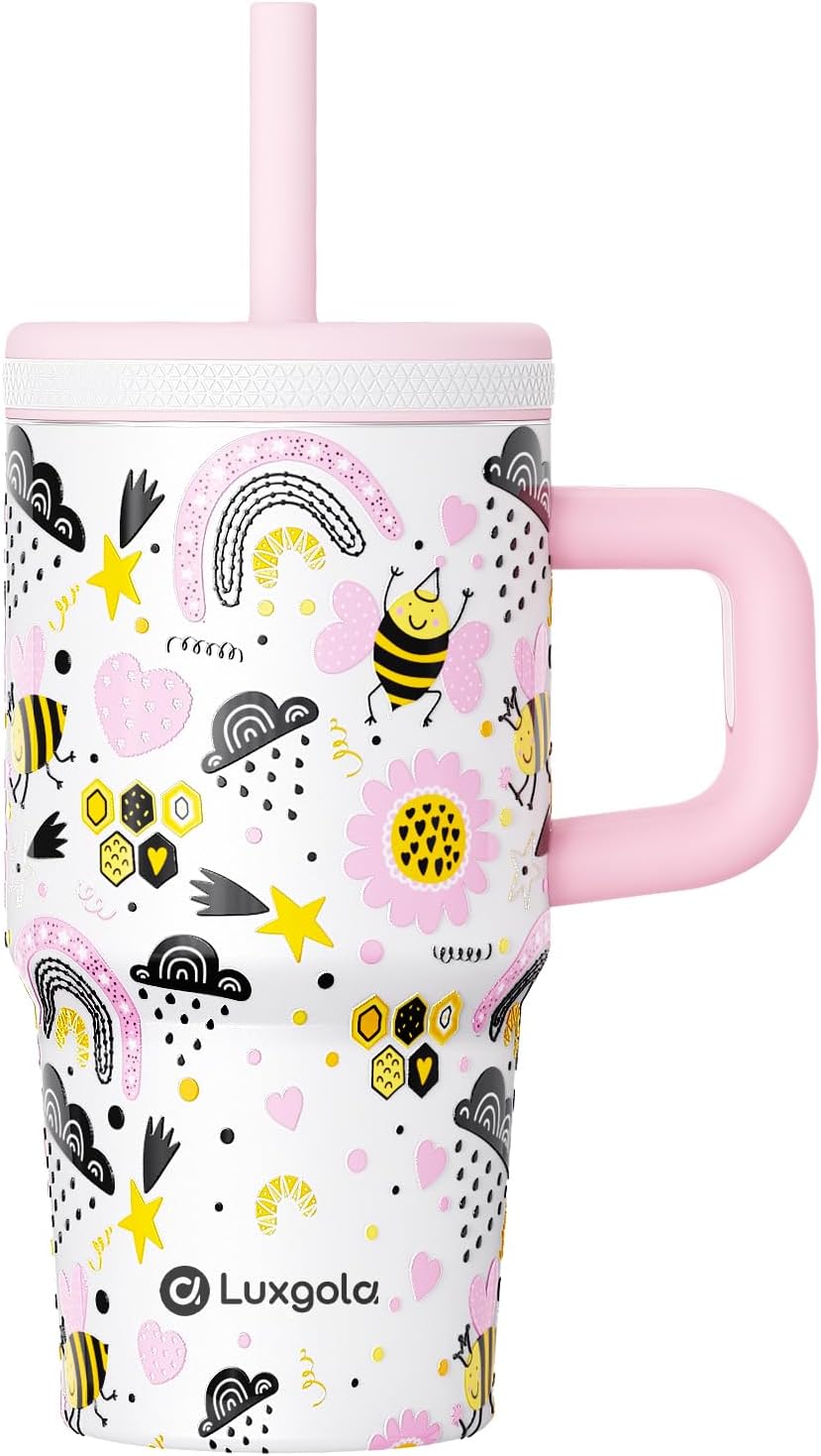 Kids 20 oz Tumbler with Handle, Leak-Proof Screw-On Lid with Removable Silicone Straw, Spill Proof, Reusable Stainless Steel Insulated Water Bottle, Gifts for Boys and Girls, Cute Bee