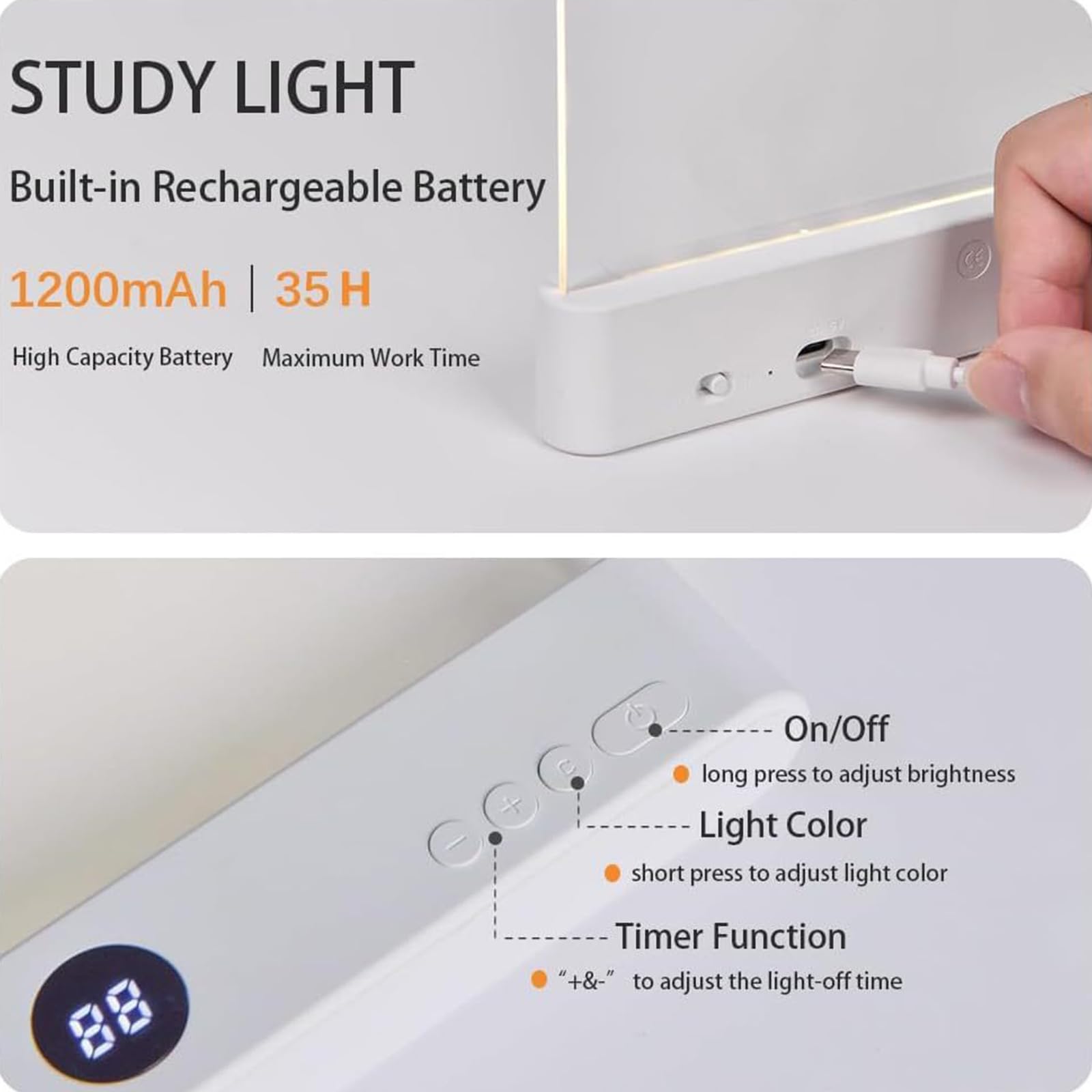 Smart Led Reading Book Light,Rechargeable Clear LED Flat Reading Light with 3 Colors & Timer, Student Eye Protection Night Lights, Flat Reading Lamp for Night Read-C