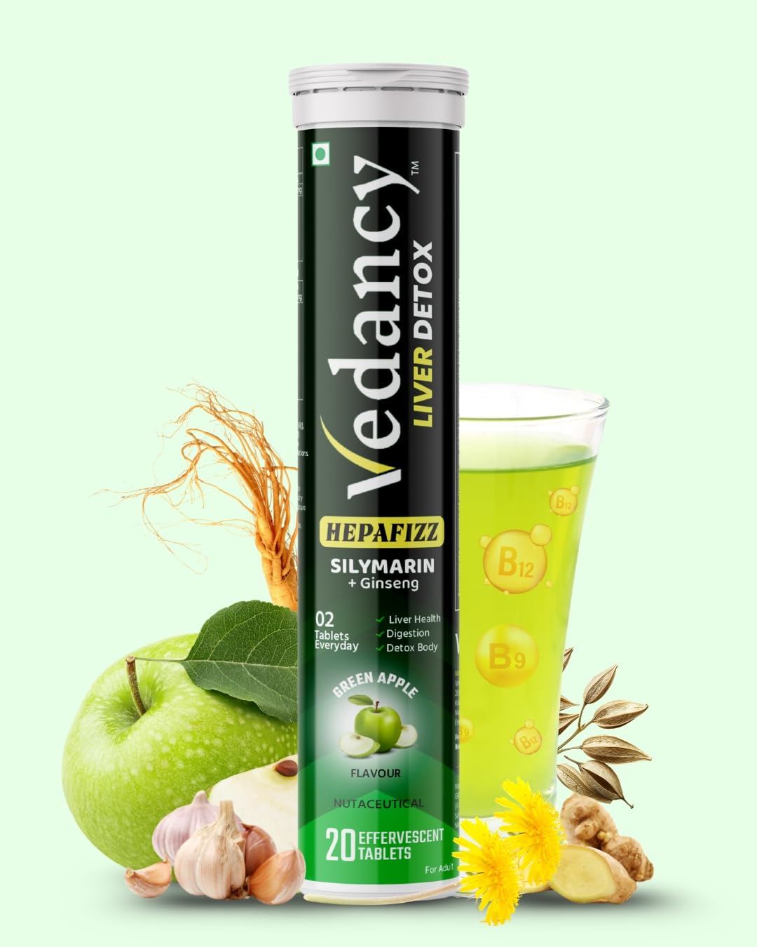 Vedancy HepaFizz Advanced Liver Detox Tablets High-Potency Milk Thistle Silymarin 250 mg + Vitamin B9 & B12 6 Ayurvedic Herbs Refreshing Green Apple Flavor | WHO-GMP, Vegan & Sugar-Free (Pack Of 1)-image-1