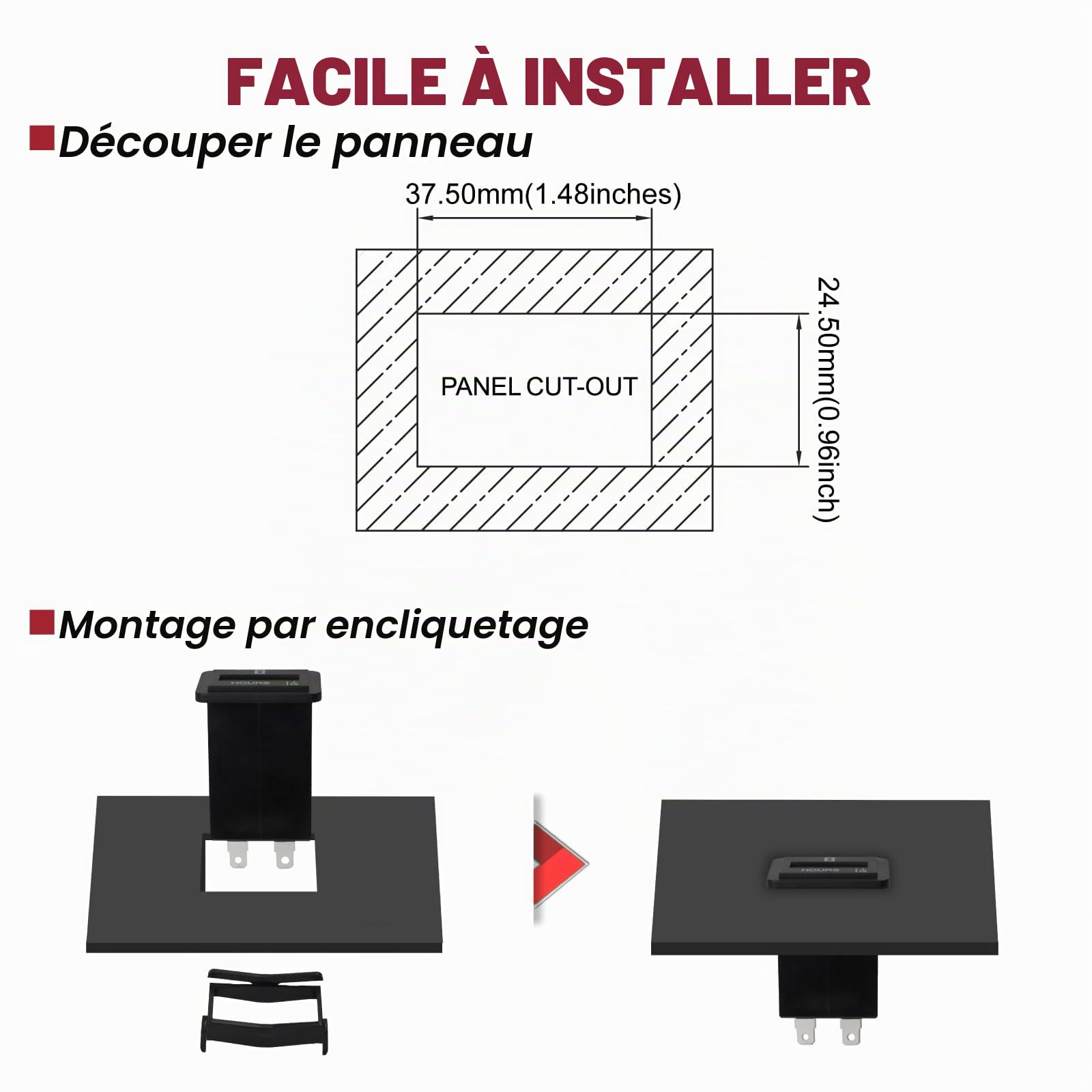 Compteur d'heures Mécanique Rectangle Compteur d'heures Moteur Snap-in, pour Appareil Alimenté par Batterie Tondeuse à Gazon Tracteur Générateur Fourche Élévatrice (S- DC 6-80V)