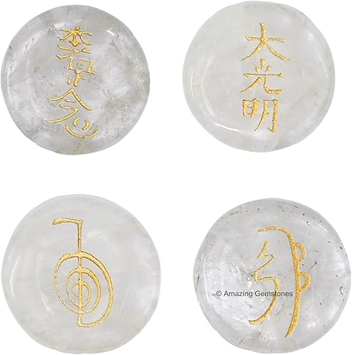 Miniatura 3 de Amazing Gemstone Piedras de Reiki de cristal de cuarzo transparente con símbolos grabados para curación de Reiki Usui, juego de 4 piezas (juego de