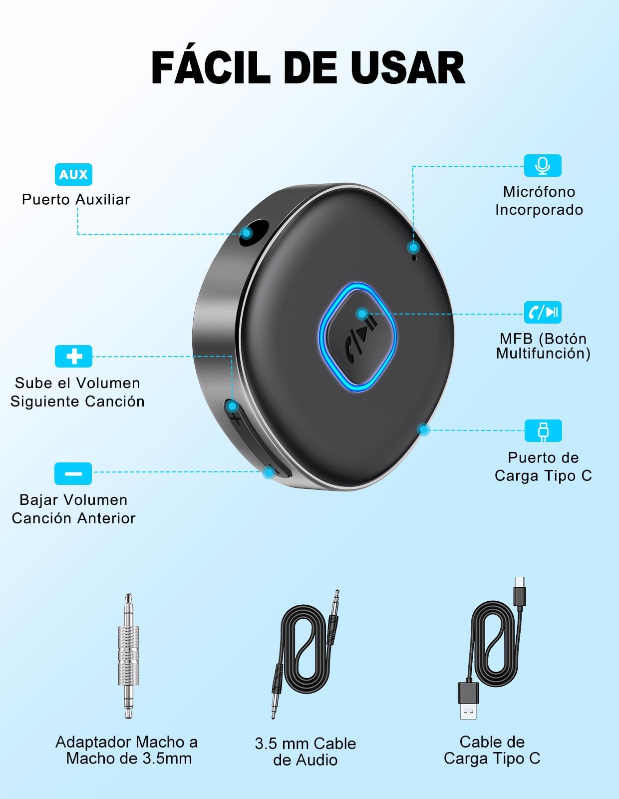 Samochodowy adapter AUX Bluetooth, mini odbiornik Bluetooth 5.0 zdjęcie 5