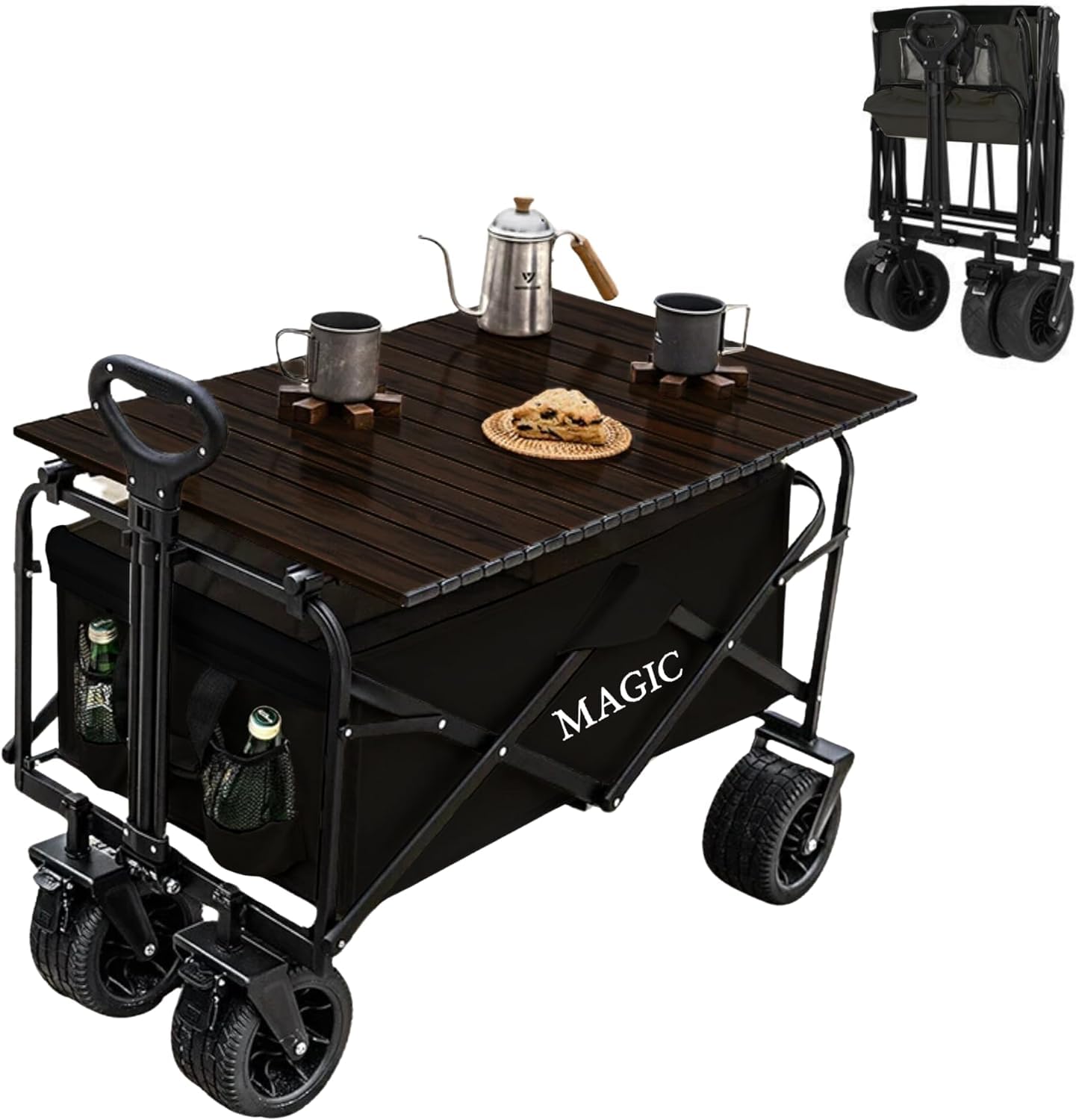 Carrello Pieghevole da Spiaggia per Campeggio, Picnic e Giardino - Trasformabile in Tavolo con Borsa e Maniglia Regolabile - Freni Inclusi