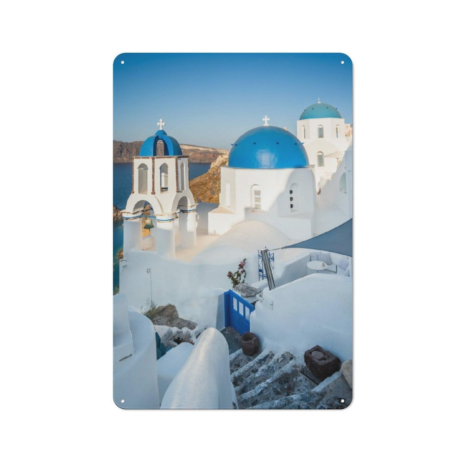 Junmoney Oia Town Santorini Greece Rustic Tin Sign 30X20cm For Café Or Restaurant, For Café Owners And Decorators, For Retro Home Interiors