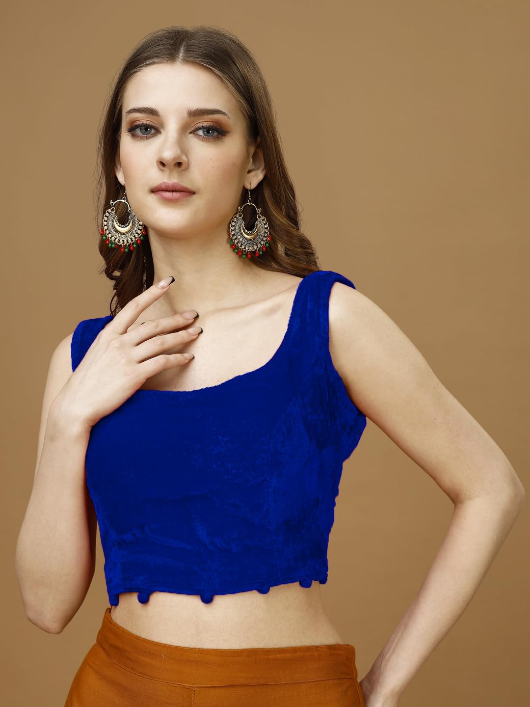 Pujia Mills Women's Velvet Sleeveless Blouse For Women Sleeveless Velvet Blouse Readymade Sleeveless Saree Blouse Choli For Women Velvet Sleeveless Blouse Readymade (Velvet 502 Royal Blue 38)