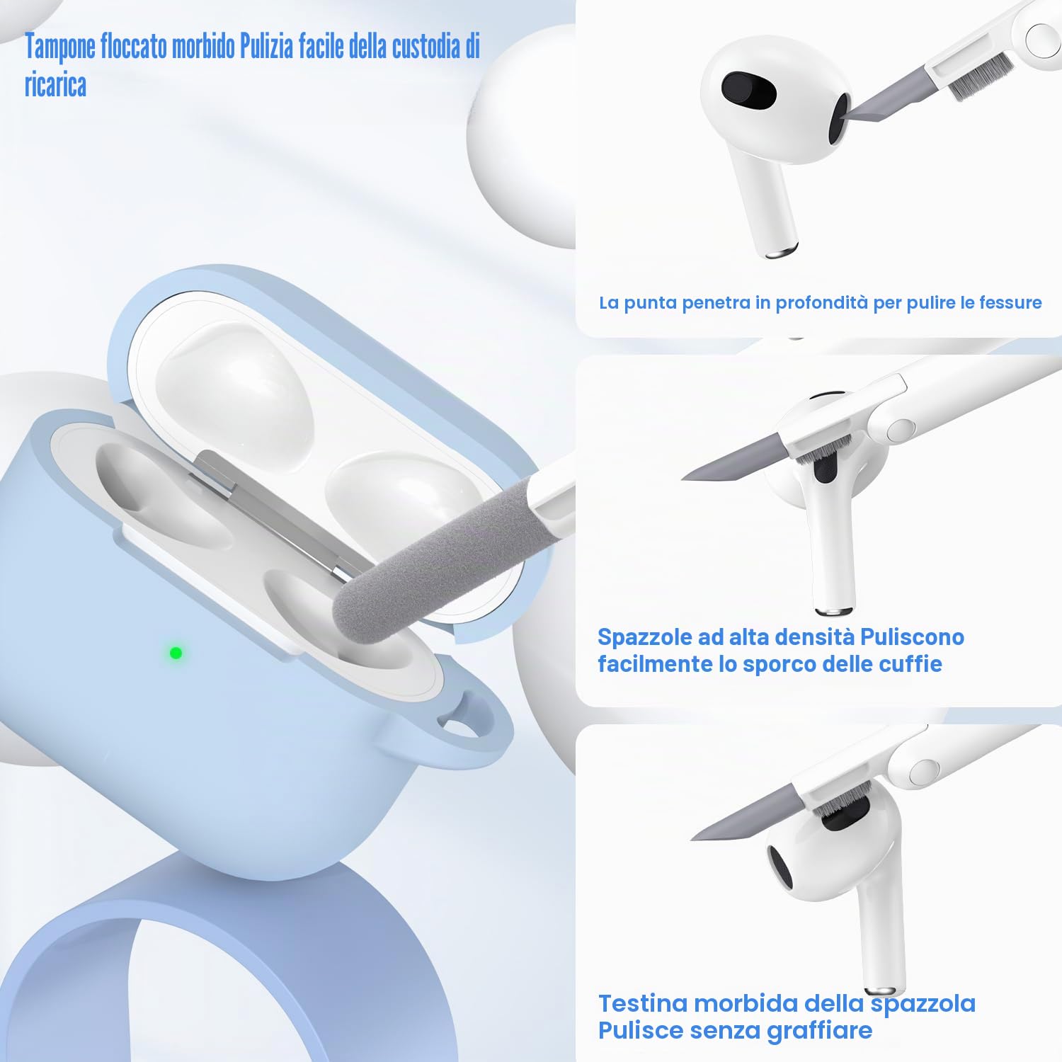 Custodia per Airpods 3a generazione 2021,Custodia protettiva in morbido silicone per Airpods 3 con LED visibile sulla parte anteriore,con kit di pulizia,Azzurro cielo