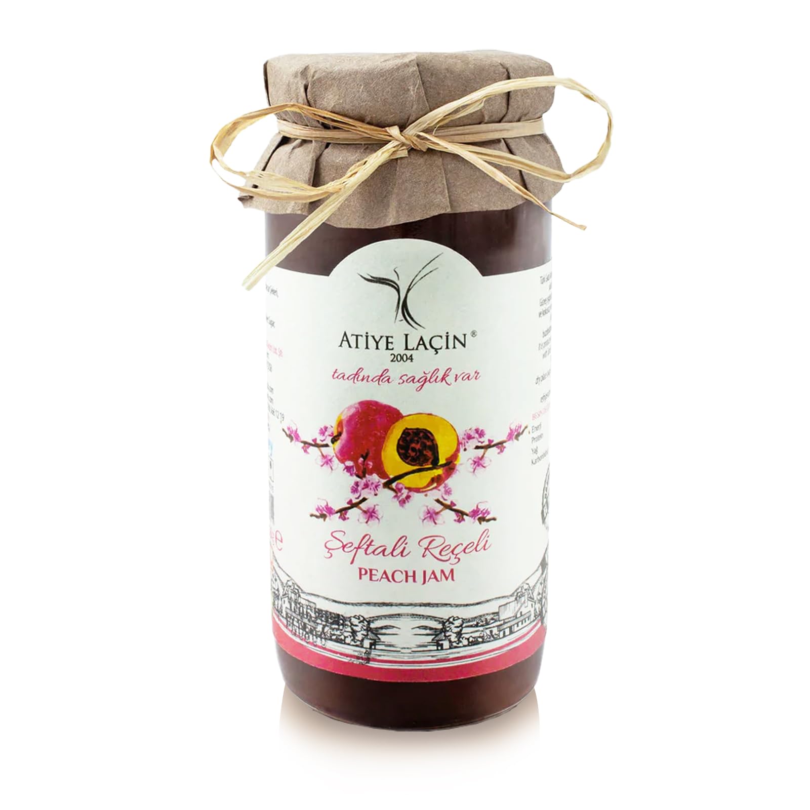 ATIYE LACIN Peach Jam (Seftali Receli) | Made by 100% Natural Hand-picked Peach | Preservative Colorant Thickener Additive Free | No Refined Sugar – Made by Beet Sugar | 100% Vegan | 250 gr