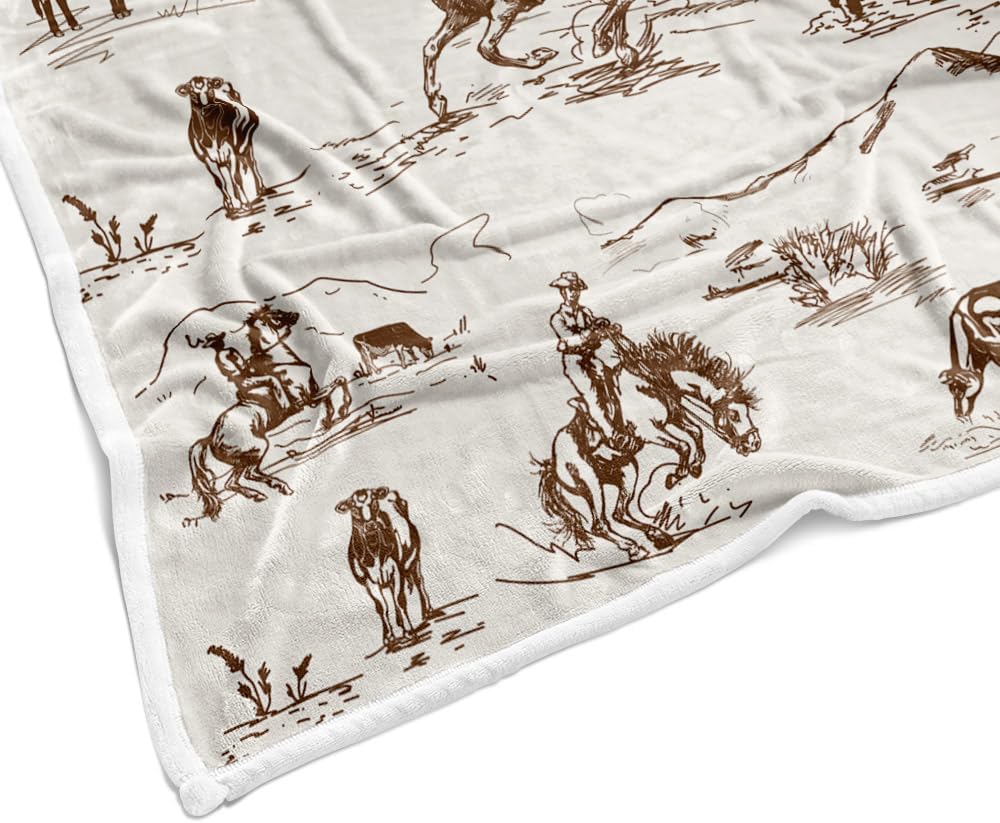 Western Cowboy Throw Blankets, Wild West Cowboy Ride Horse Desert Cactus Cozy Warm Bed Couch Blanket, Farmhouse Country American West Theme Fleece Flannel Throws to Decorate the Room and Bedroom