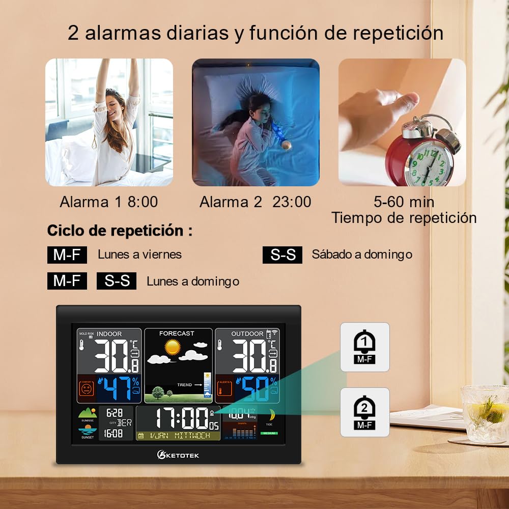 KETOTEK Estación Meteorológica Inalámbrica de Interior y Exterior con Sensor LCD Termómetro Digital Higrómetro,DCF Radio Despertador,Barómetro,Previsión Meteorológica