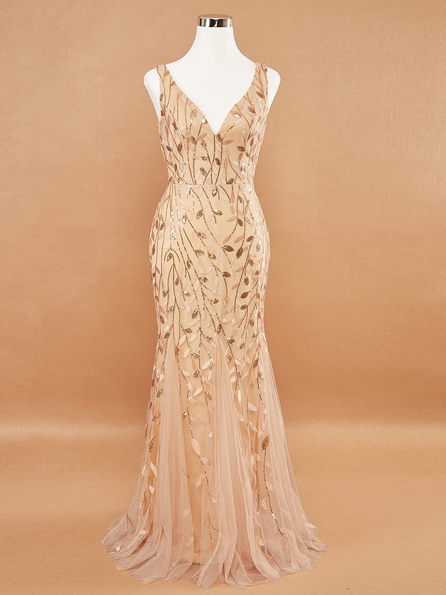Ever-Pretty a Sirena Tul Vestido de Noche Cuello en V sin Respaldo para Mujer Dorado 46