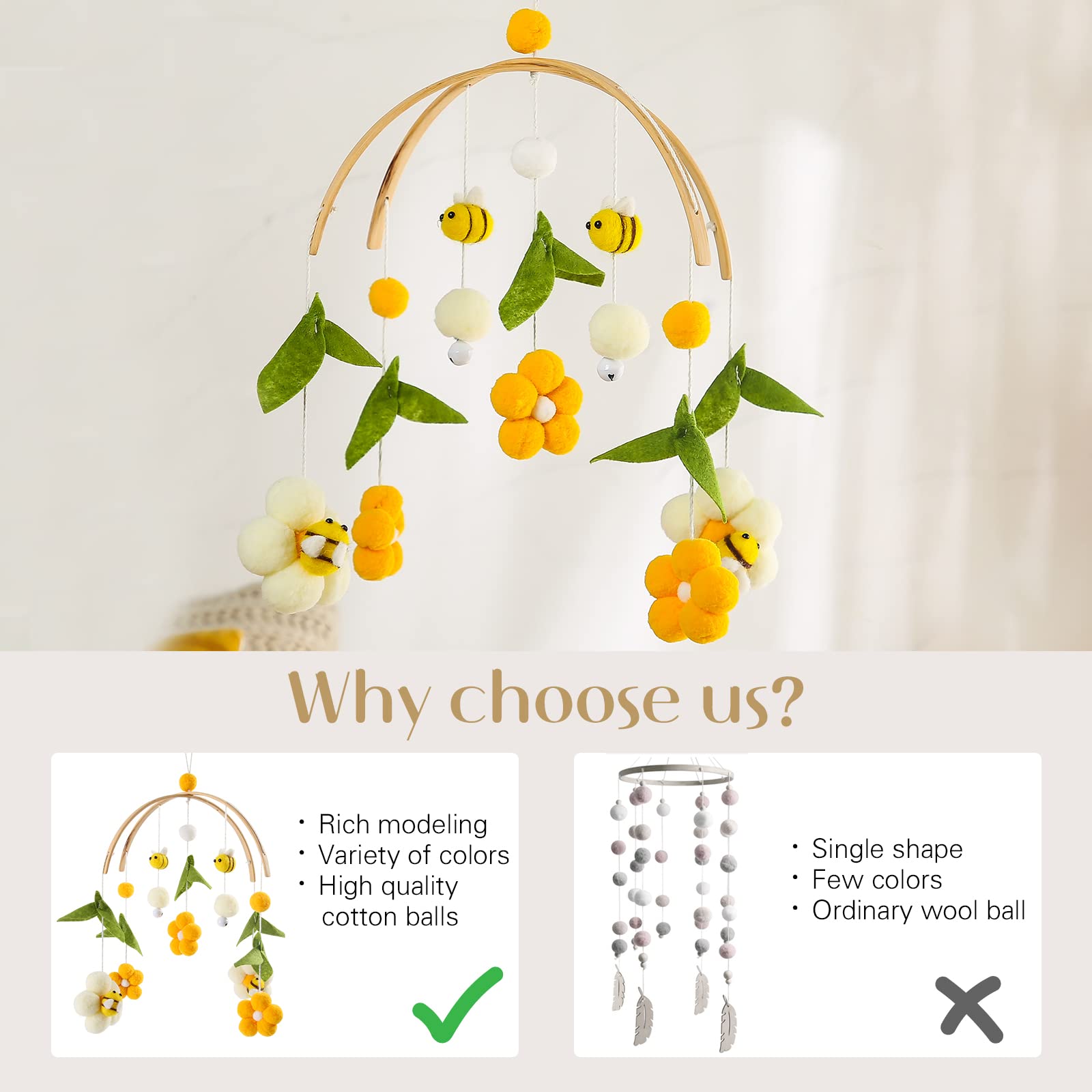 Culla Neonato in Legno con Palline di Feltro, Api e Fiori, Campanelli Eolici per Mobile, Decorazioni Cameretta 0+ Mesi
