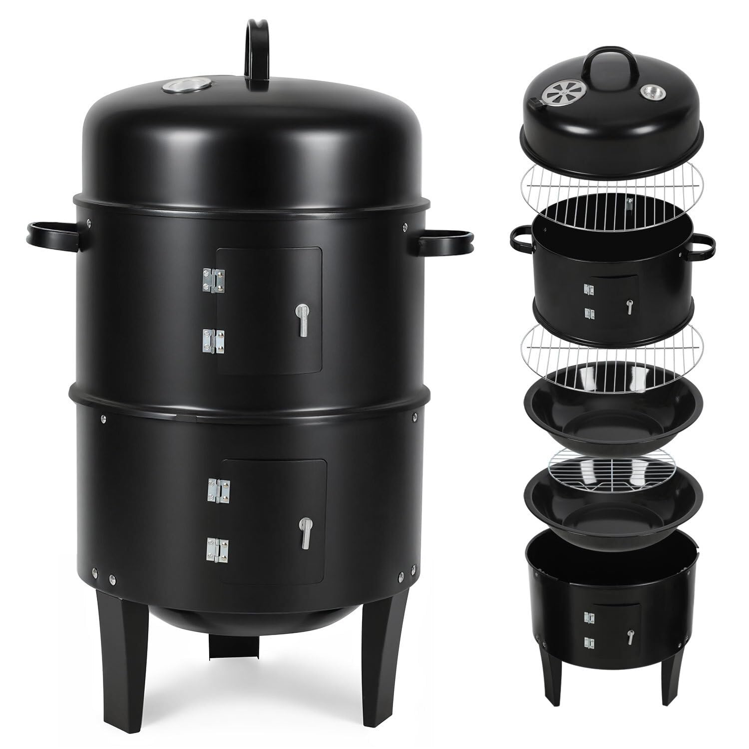 3 in 1 Räucherofen Smoker Grill mit Thermometer, Holzkohle Räuchertonne mit 2 Türen, 2 Ebenen & regulierbarer Lüftungsklappe, kompakter BBQ Holzkohlegrill für Garten, Balkon & Camping