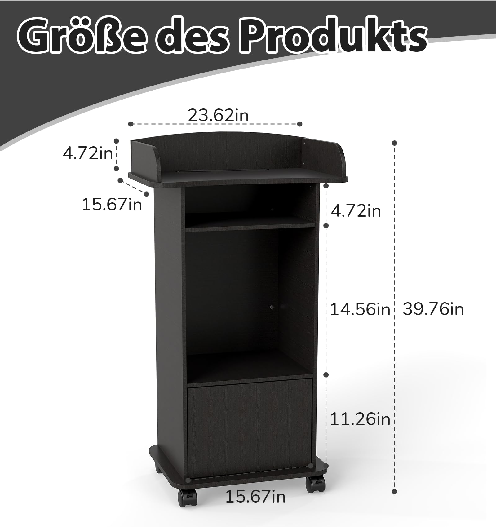 Stehpult Podiumständer, Rednerpult mit Doppellagiges Ablagefach und Bremsrad für Klassenzimmer, Hörsaal, Kirche, Seminar Schwarz