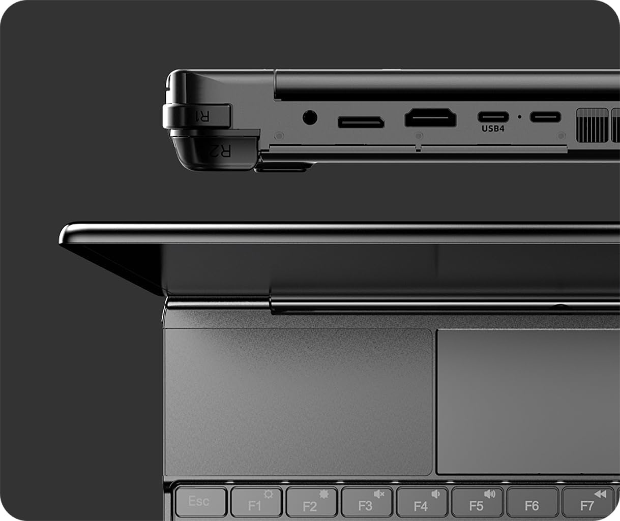 posterior view of the GPD Win Max 2 2025 showing the back buttons and ventilation.