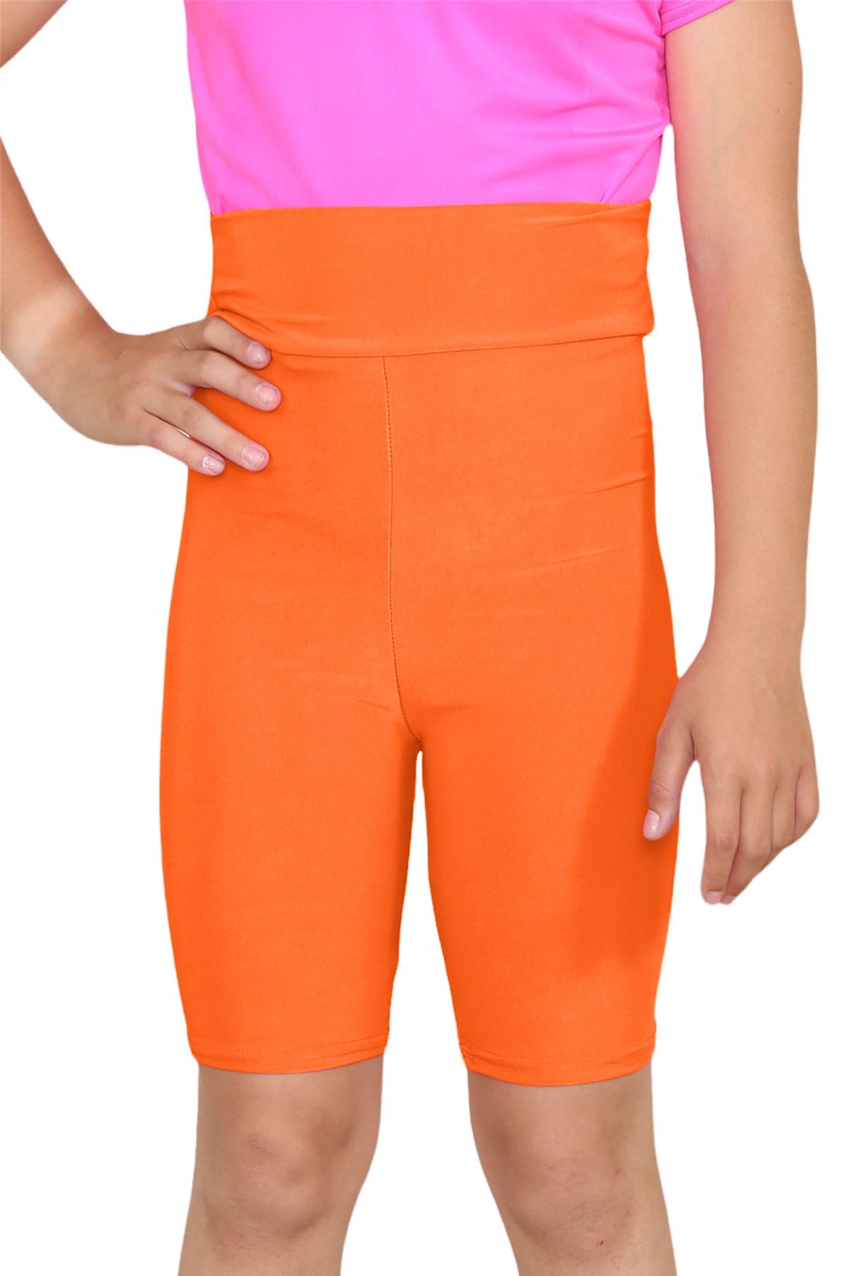 Hamishkane Girls Neon Orange Hamishkane® Kids Plain Cycling Shorts Microfiber High Waisted Gymnastics Shorts, Stretchy Sports Activewear Mini Kids Shorts - Elasticated Cycling Shorts
