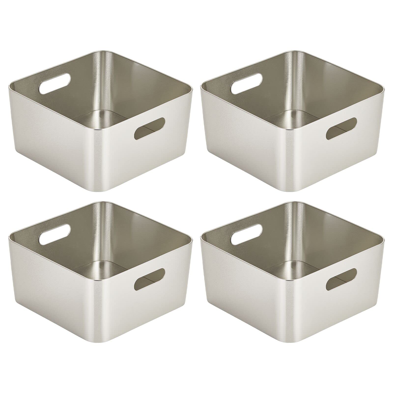 mDesign Steel Metal Storage Container Bin Basket, Handle - Kitchen Pantry, Cabinet, Fridge, Drawers, Freezer Organization - Food/Snack Holder Crates, 12" Wide, Mirri Collection, 4 Pack, Brushed Chrome
