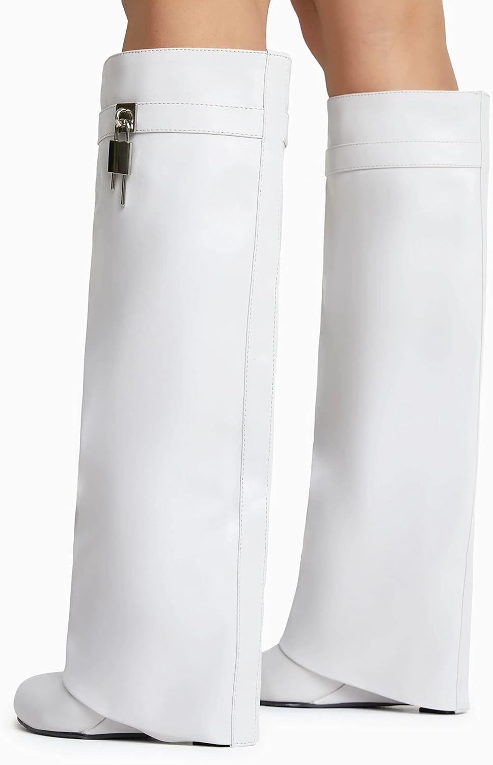 keleimusi Fold Over Wedge Boots Heeled PadLock Pant Knee High Shoes Tall/Short Booties in Black - Image 5