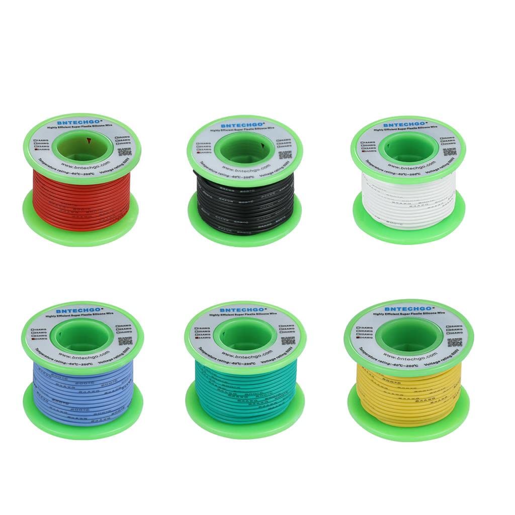 BNTECHGO 24 Gauge Silicone Wire Kit 6 Color Each 30 ft Flexible 24 AWG Stranded Tinned Copper Wire