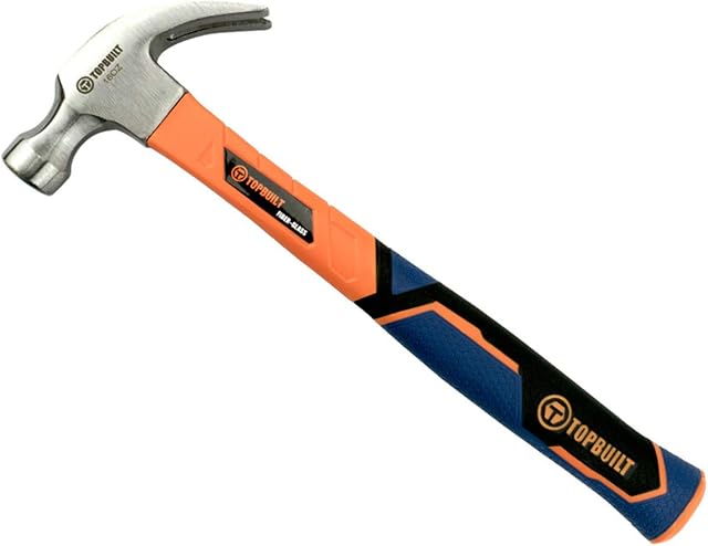 T TOPBUILT 16oz Curved Claw Hammer Forged Steel and Fiberglass Shock Resistant Non Slip Handle 65025
