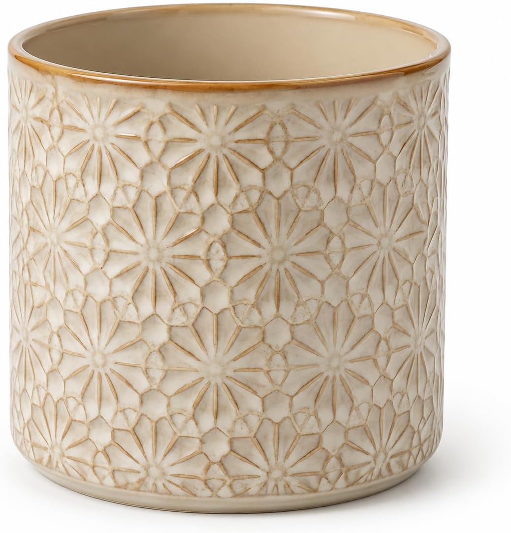 Large Ceramic Utensil Holder, Embossed Crock for Kitchen Counter
