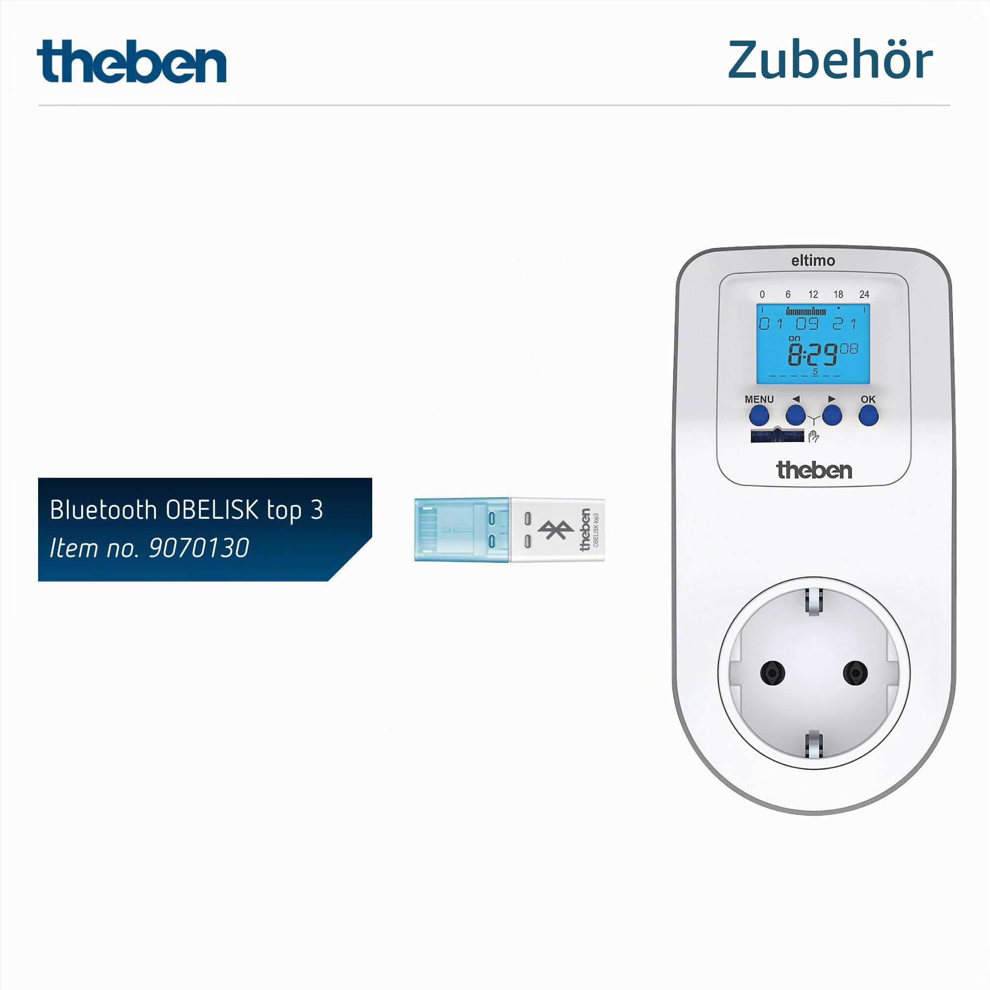 Theben 0200130 eltimo 020 top3 Steckdosen Zeitschaltuhr digital | 1-Kanal, Wochenprogramm, 1 Minute, 56 Speicherplätze, 6 Jahre Gangreserve, 300 W LED, Schuko, Zufallsprogramm, App möglich