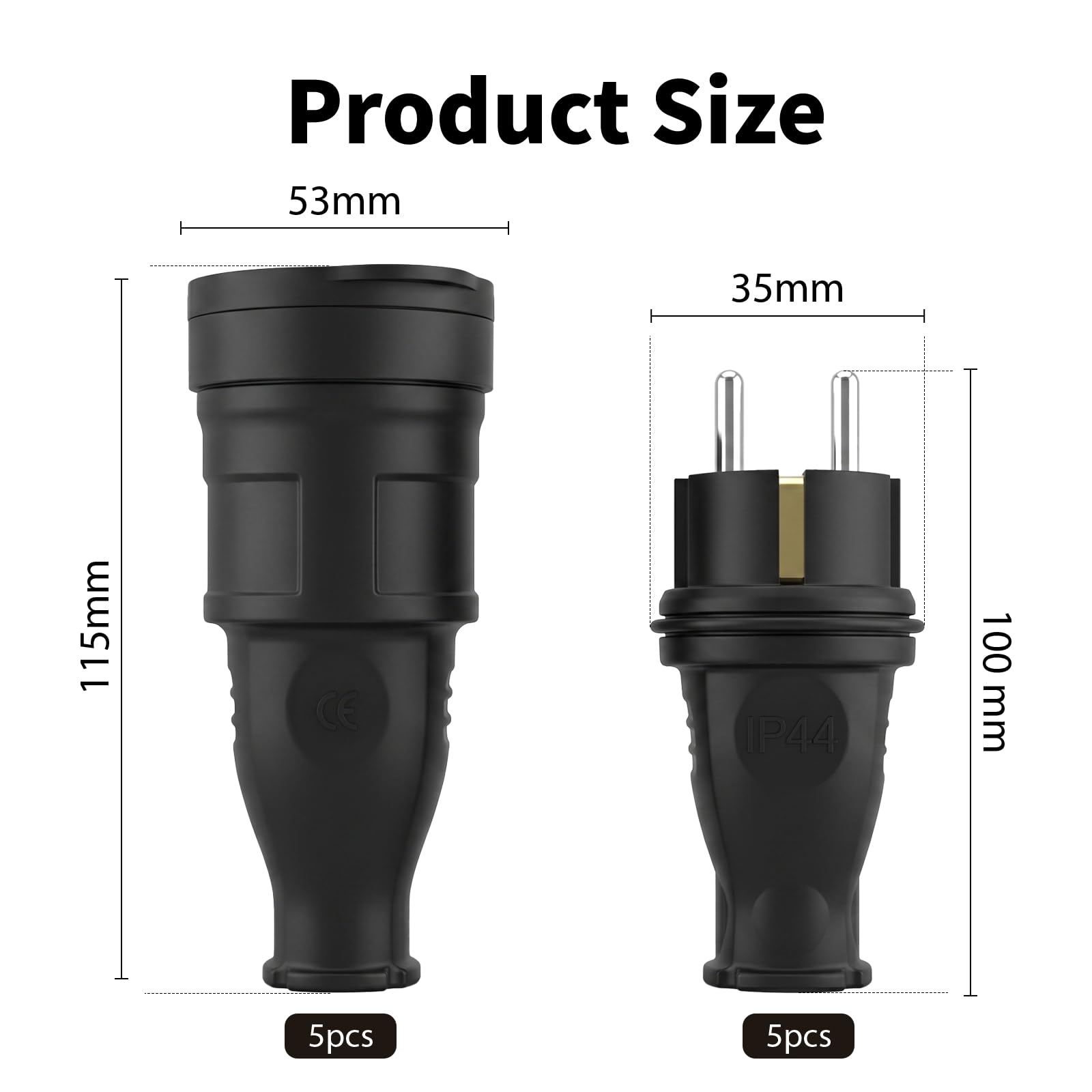 Enchufe Schuko Macho Hembra Profesional Juego 5 Pares, IP44 250V 16A con Protección Antitorceduras y Acoplamiento de Goma, Enchufe Exterior para Cable 0,5–3 cm² Cable