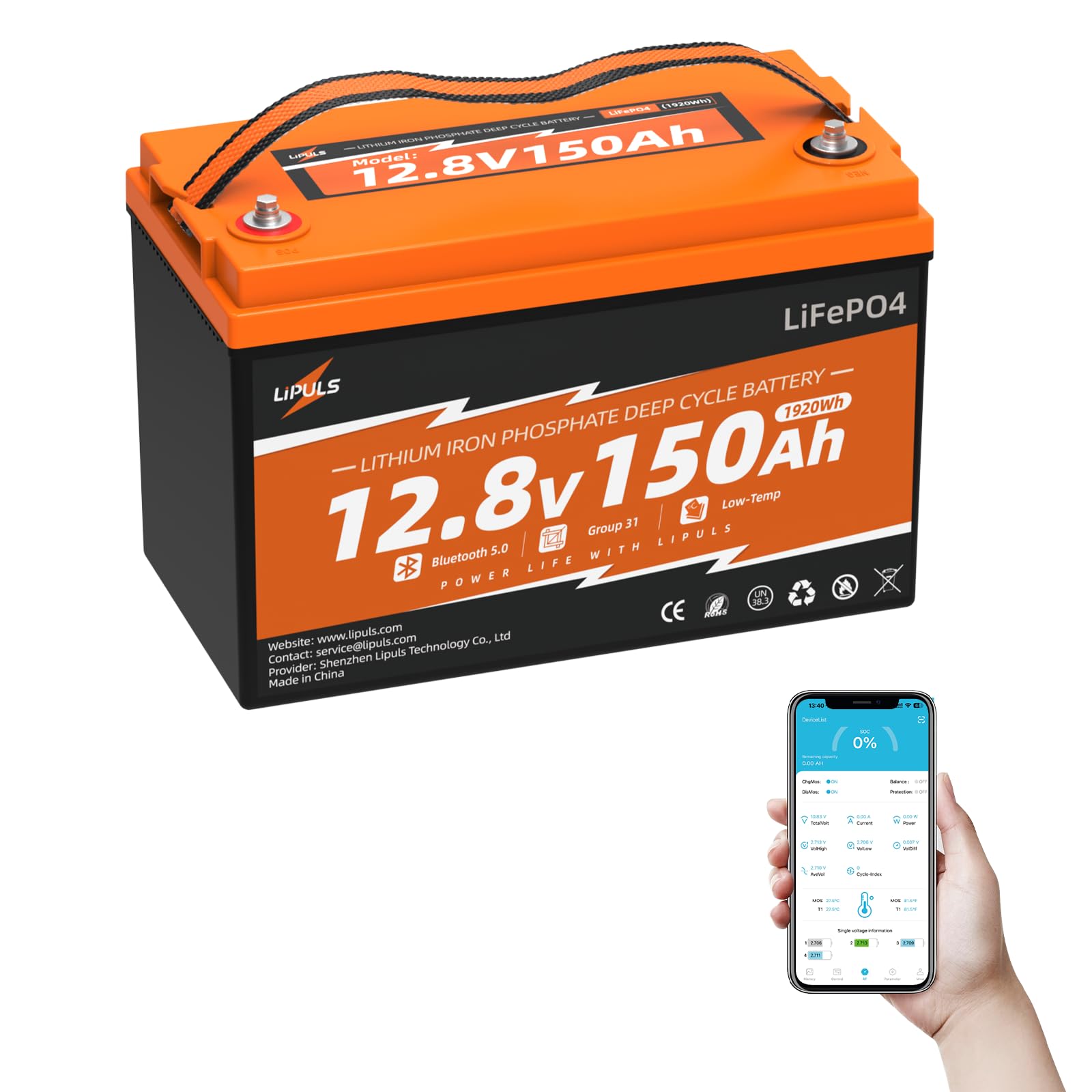 12V 150Ah Lithium Battery LiFePO4 Deep Cycle Battery, Low Temperature Protection, Built-in 200A BMS, Max.1920Wh Energy, 2560W Power, Perfect for Trolling Motor, RV, Solar System
