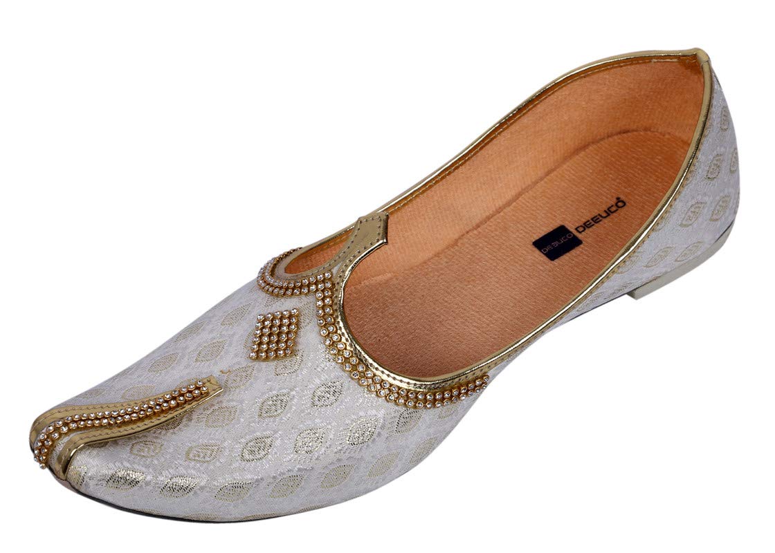 DEEUCO Men's Traditional White and Golden Wedding, Party and Sherwani Jutti,Mojari (9)