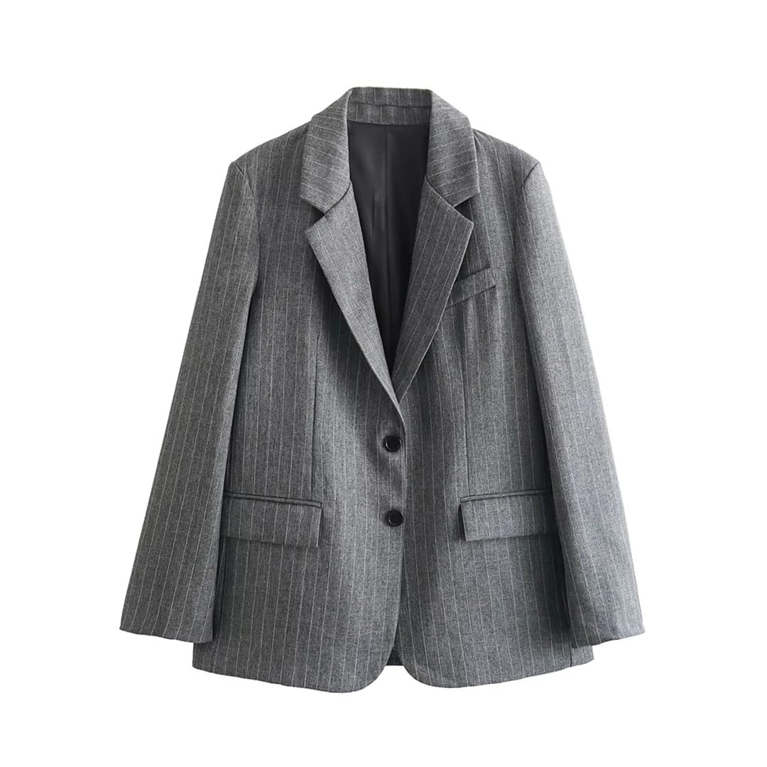 Womens Gray Blazer Striped Jacket Button Blazer Vintage Long Sleeve Pocket Jacket