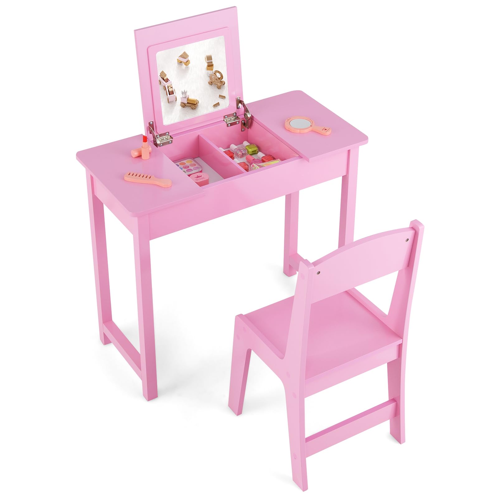 Costzon 2 in 1 Girls Vanity Set with Flip Top Mirror, Hidden Storage Space, Wooden Toddler Makeup Vanity Desk Dressing Table, Pretend Play Kids Vanity Table and Chair Set (Pink)
