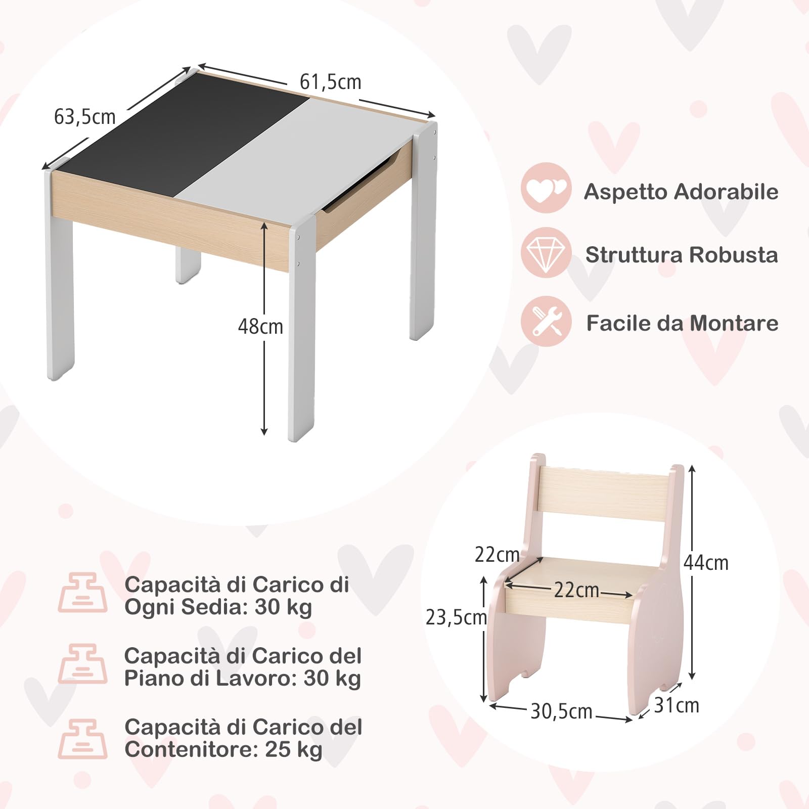 COSTWAY 3 in 1 Set Tavolo e Sedie per Bambini, Tavolo da Attività per Bambini con 2 Sedie, Lavagna Rimovibile e Deposito, per Giocare, Disegnare e Leggere, in Legno (Rosa)