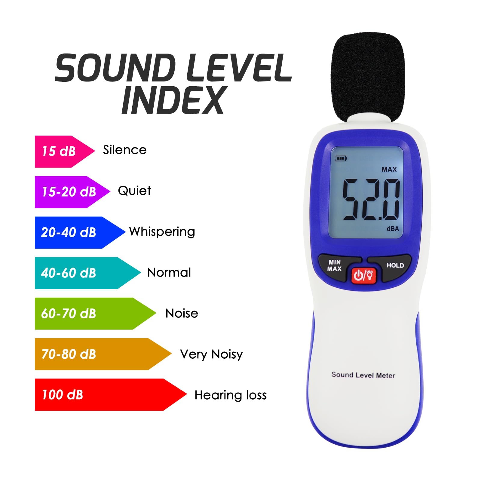 Medidor de Nivel de Sonido Digital con Bluetooth Portátil SPL Rango de 30~130dBA MAX/MIN Retención de Datos con Pantalla LCD Retroiluminada para el Hogar, Escuela y Lugar de Trabajo