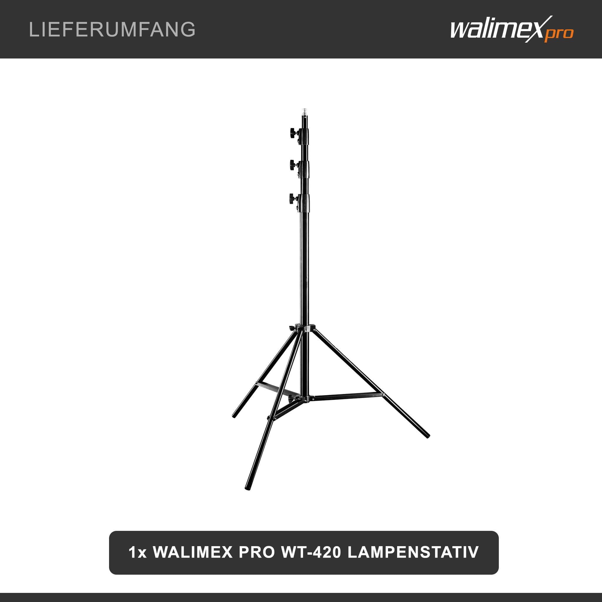 Walimex pro WT-420 Lampenstativ 420 cm, höhenverstellbares Lichtstativ belastbar bis 7,5 kg, Blitzstativ mit 5/8 Zoll Spigot, Studiostativ mit Federdämpfung
