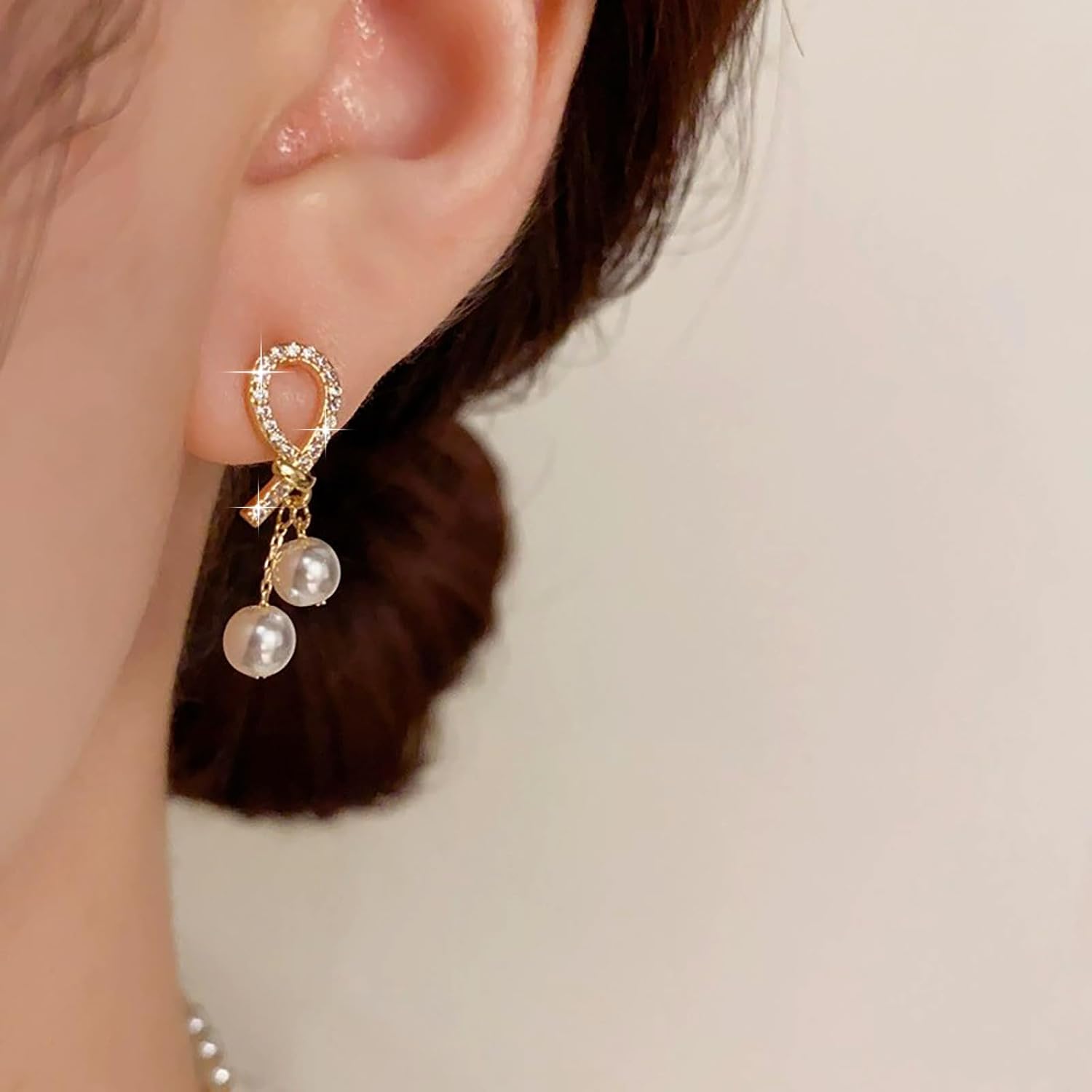 Bohemian Crystal Pearl Tassel Dangle Earrings Gold Cz Paved Knot Stud Earrings Round Pearl Chain Drop Earrings Rhinestone Bow Pearl Earrings Jewelry for Women - Image 2