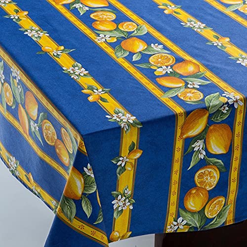 Amelie Michel Wipe-Clean French Tablecloth in Lemons, Blue | Authentic French Acrylic-Coated 100% Cotton Fabric | Easy Care, Spill Proof [60  x 108  Rectangle]