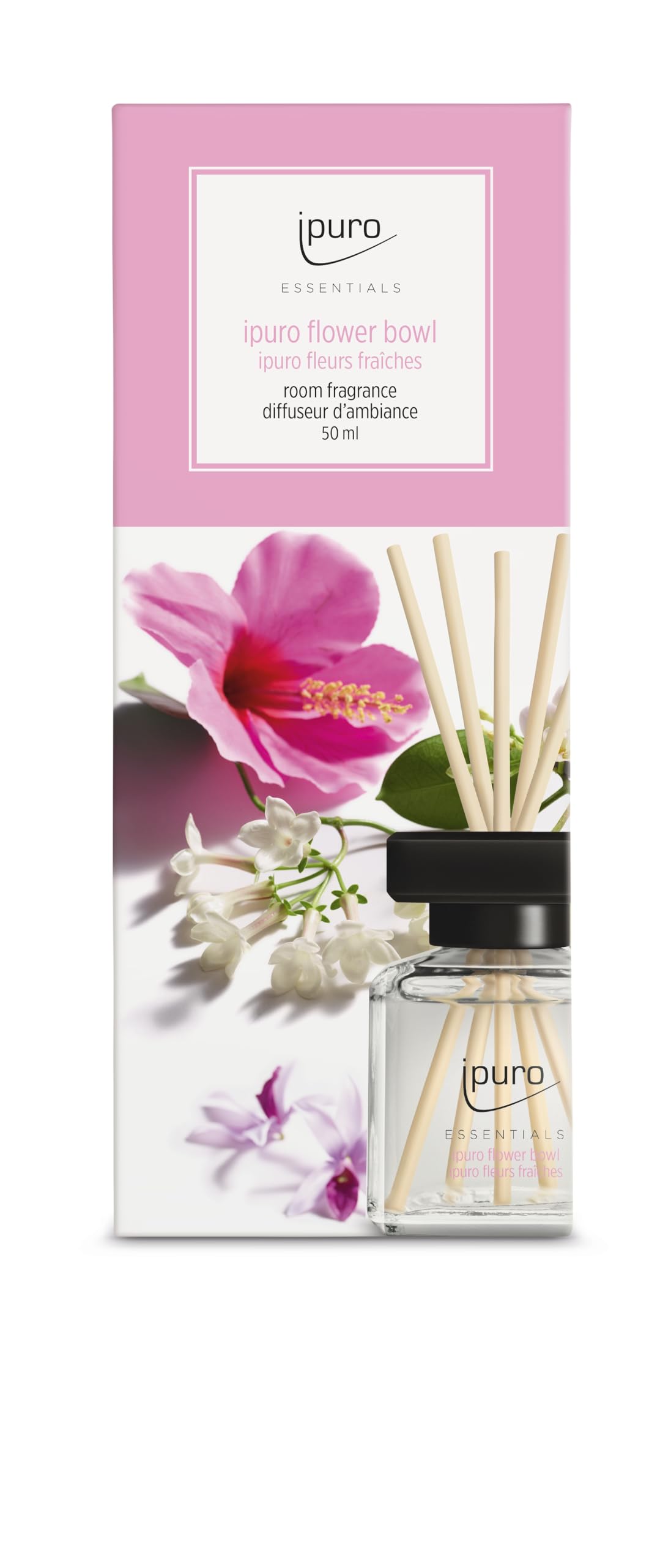 ipuro - Essentials Flower Bowl 50ml | Home Air Freshener with Floral, Mandarin, Bergamot, Jasmine, Violet, and Cedarwood Scent | Diffuser with Sticks