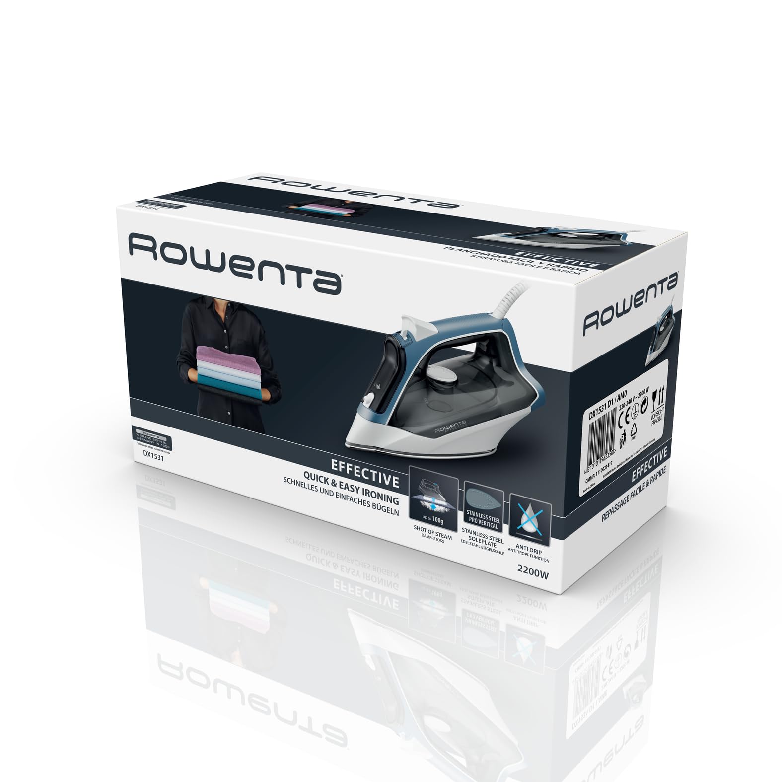Rowenta Effective 2 Dampfbügeleisen, 2200 W, 30 g/min kontinuierliche Dampfabgabe, extrastarker Dampfstoß, 250 ml-Wassertank, INOX-Bügelsohle, Anti-Kalk-System, Blau/Grau, DX1531D1