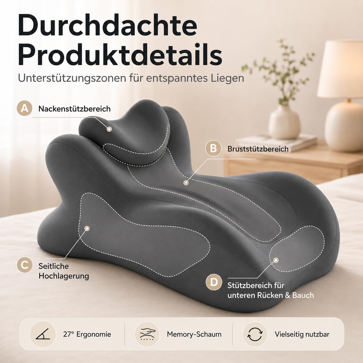 Noleva 27 Grad Kissen, Memory Foam Keilkissen mit Waschbarem Bezug (Gelb)