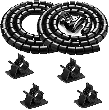 Black Computer Cable Management Wire Cover Electrical Cord Hider Solutions 2 PCS, VIWIEU Tangle Sprial Cable Tube with 4 Adhesive Cable Clips for TV Laptop Floor Home & Office