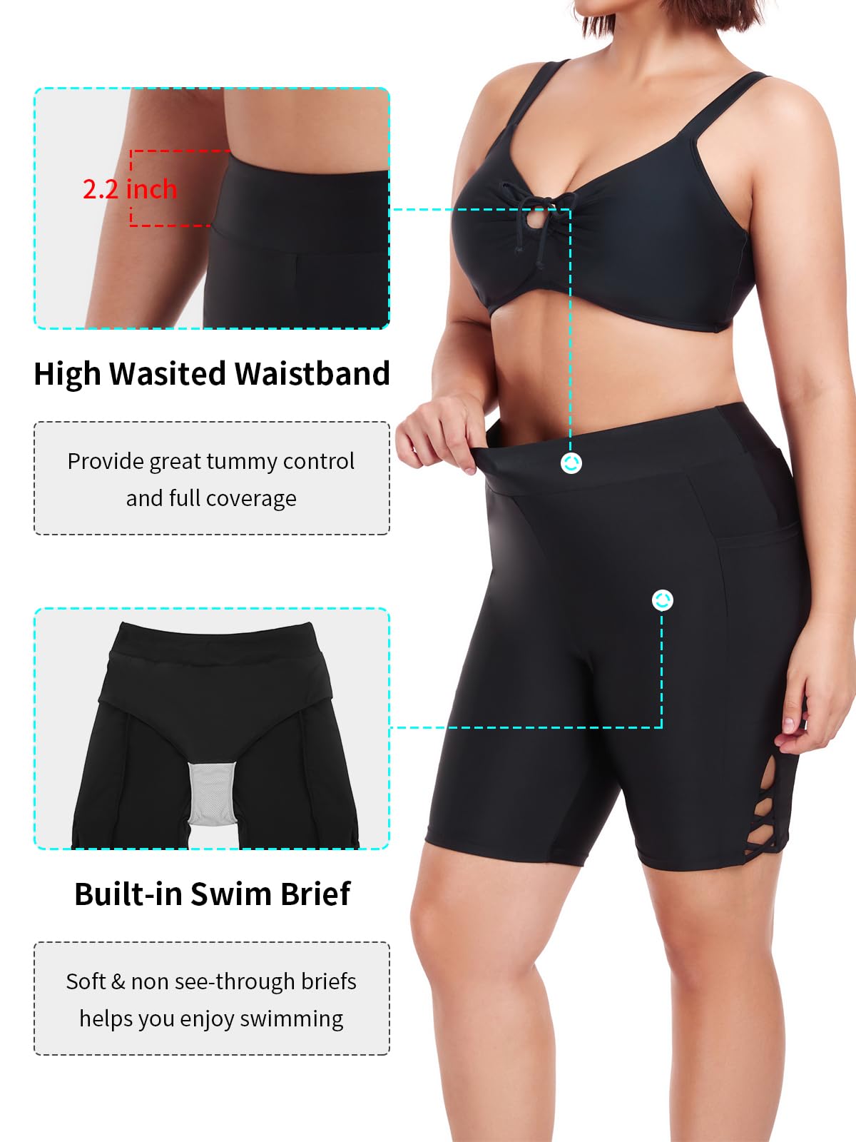Ocean Blues Pantaloncini da bagno da donna a vita alta da 20,3 cm, con tasche, per controllo della pancia, UPF 50+, pantaloncini da spiaggia