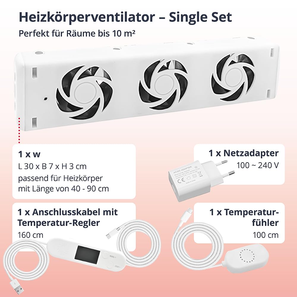 Clip'n'Heat Heizkörperventilator Single Set mit 1x Ventilator – Effizienter Lüfter für Heizkörper | Heizungsventilator zur Heizkostenersparnis | Heizkörperlüfter für gleichmäßige Wärmeverteilung