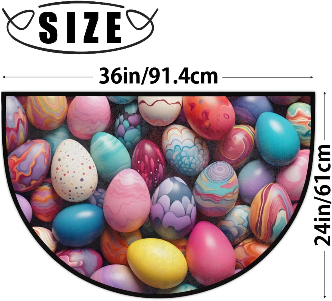 cfpolar Half Round Door Mat Easter Eggs Pattern Non-Slip Semi Circle Area Rug Washable Semi Circle Floor Rug for Indoor Outdoor Living Room Bathroom Kitchen Patio Hearth Rugs Home Decoration