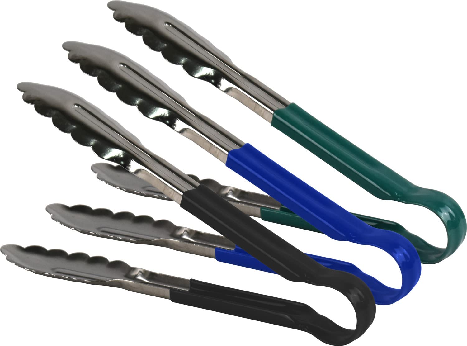 3pc Catergold Professional 9" (23cm) Stainless Steel Food Tongs Set (Green Blue Black)