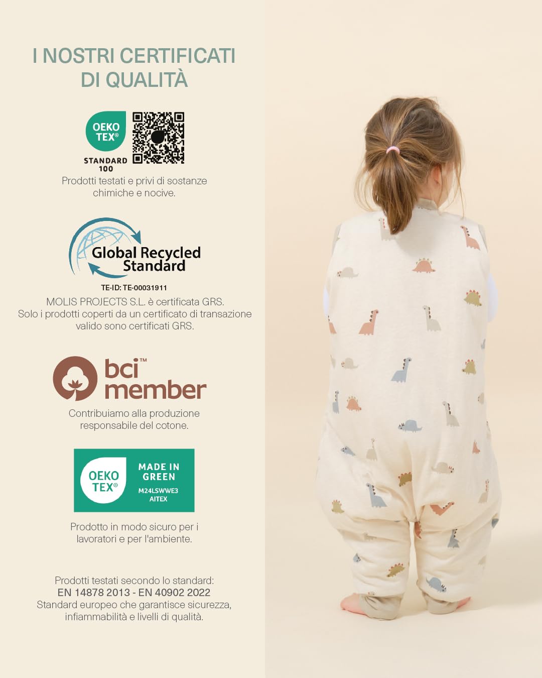 molis&co - Sacco Nanna con Piedini - Sacco Nanna Invernale per Bambini - Sacchi Nanna 2.5 tog con Piedini - 100% Cotone (Oeko-Tex 100) - Dinos (1 Anno)
